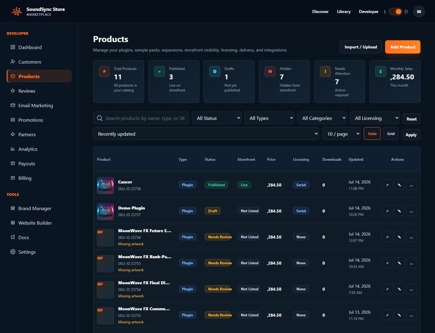 Dark-theme MoonWave dashboard screenshot showing plugin credential list context.
