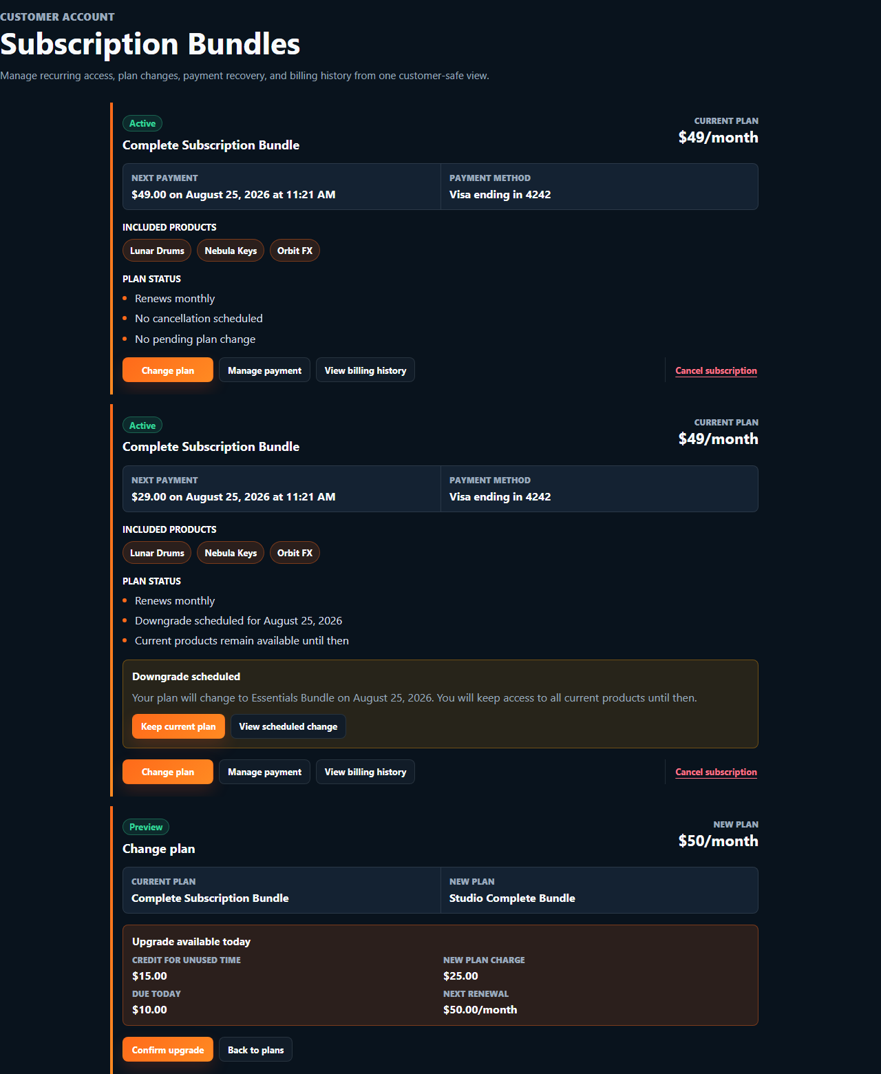 Dark-theme SoundSync customer subscription bundle view showing active plan, scheduled downgrade, and upgrade preview states with fictional products.