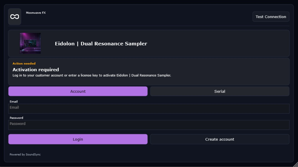 Moonwave FX JUCE login activation screen with product identity, account login, and activation-required state.