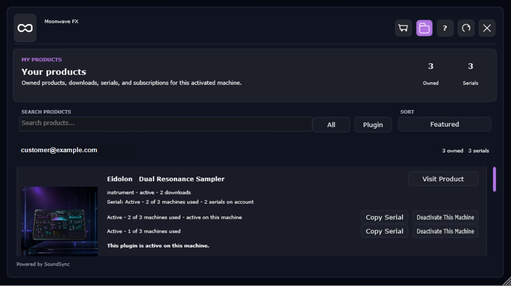 Moonwave FX JUCE My Products view with sanitized customer identity, owned product, serial state, and device deactivation actions.