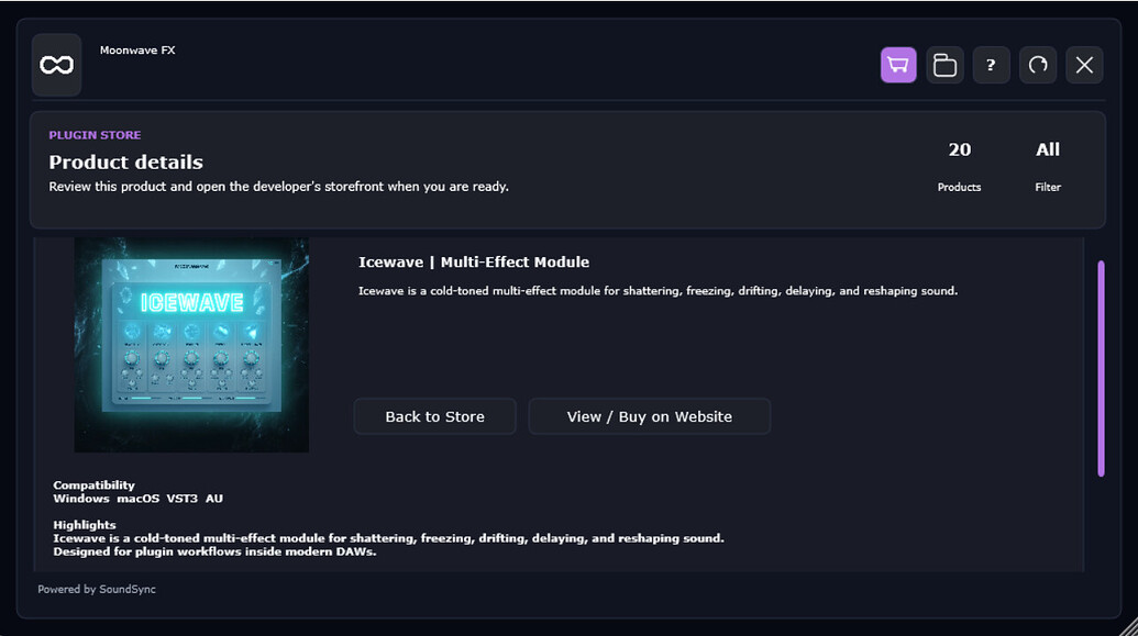 Moonwave FX JUCE product detail view with product artwork, product information, and buy/view action.