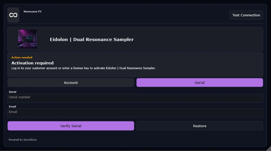 Moonwave FX JUCE serial activation screen with serial entry, customer email field, and activation-required state.