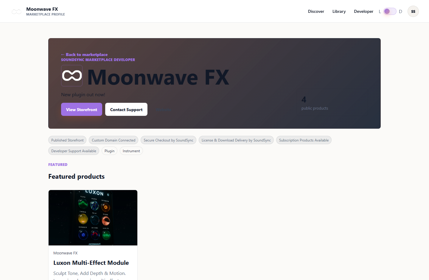 Live customer-facing SoundSync marketplace developer profile for Moonwave FX with public products, developer trust badges, storefront link, and support links.