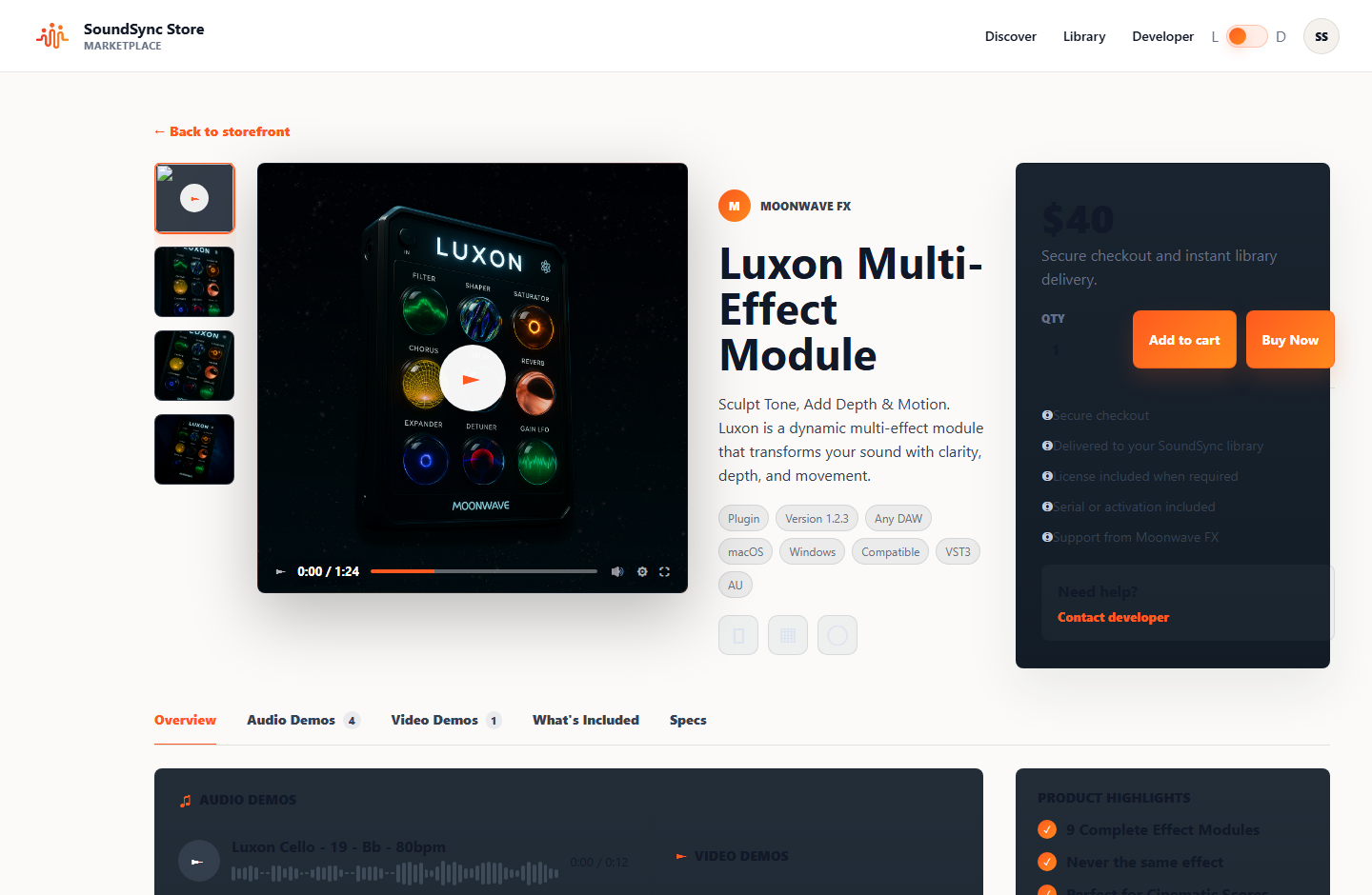 Live customer-facing SoundSync marketplace product detail page for Luxon with product media, pricing, checkout actions, delivery notes, and support access.