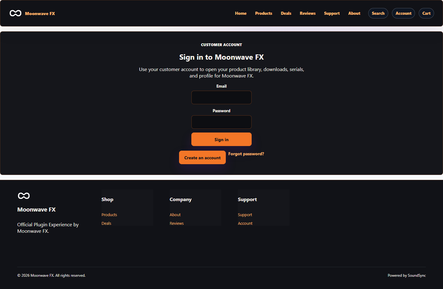 Live Moonwave FX customer account entry for opening product library, downloads, serials, and profile access.