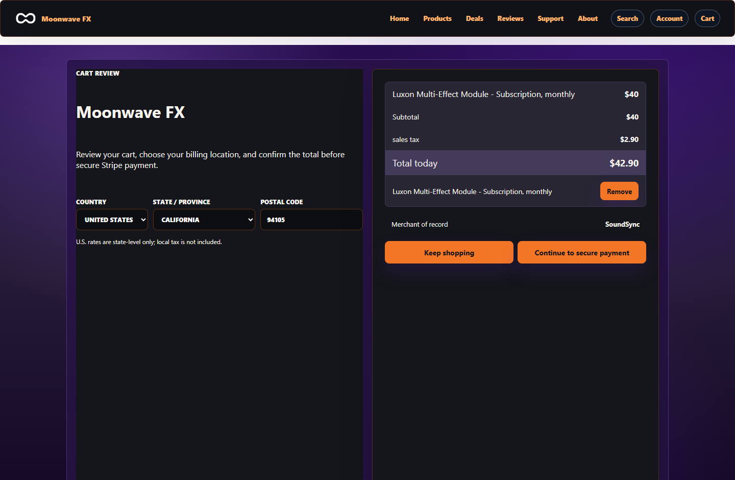 Live Moonwave FX cart review showing a Luxon subscription line item, tax presentation, Merchant of Record label, and secure payment action.