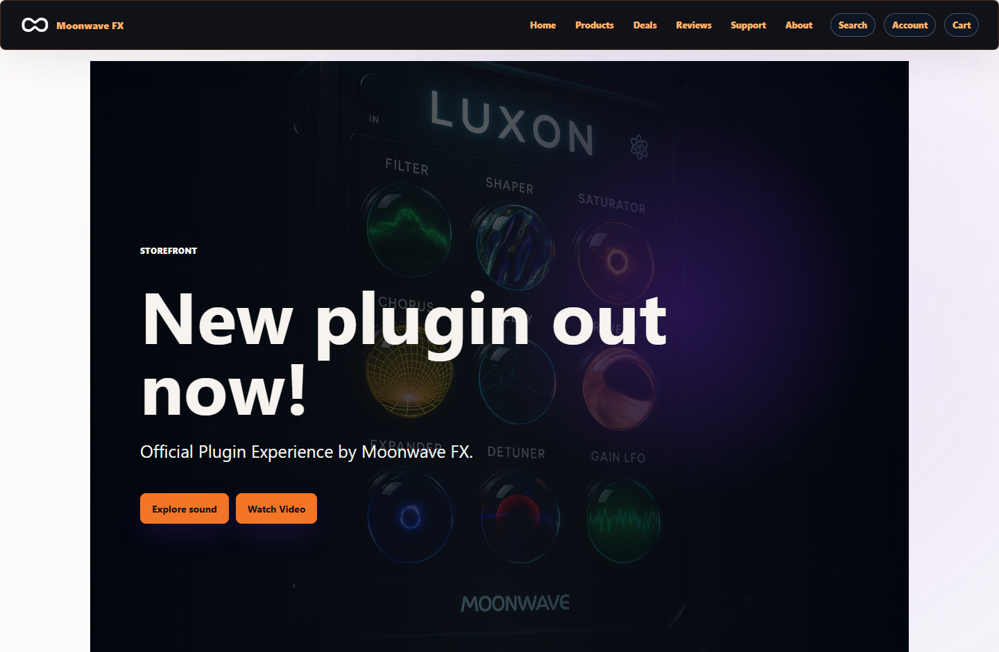 Live Moonwave FX hosted storefront homepage with product hero, navigation, featured products, and commerce entry points.