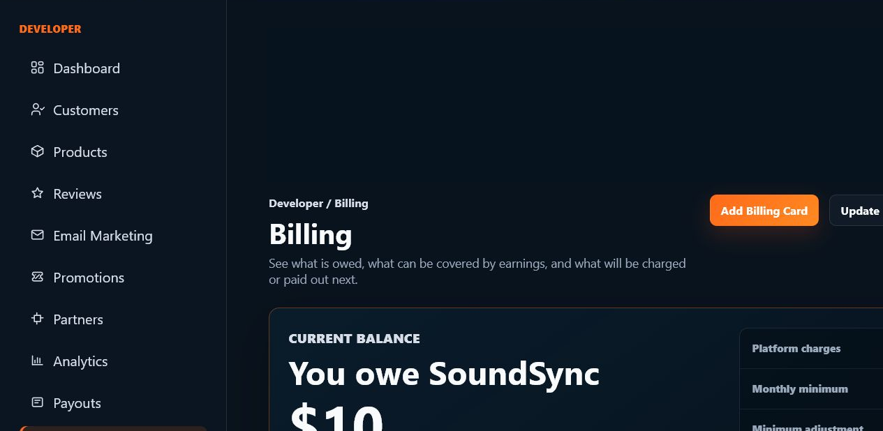 Live Moonwave FX billing workspace showing current charges, fees, usage, statements, and billing controls.