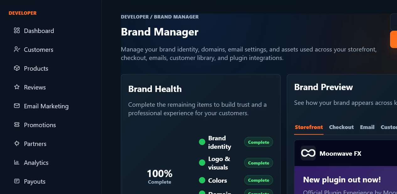 Live Moonwave FX Brand Manager showing brand health, storefront preview, colors, domain, and identity propagation.
