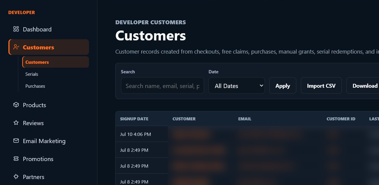 Live Moonwave FX customers workspace showing customer management and activity for the developer account.