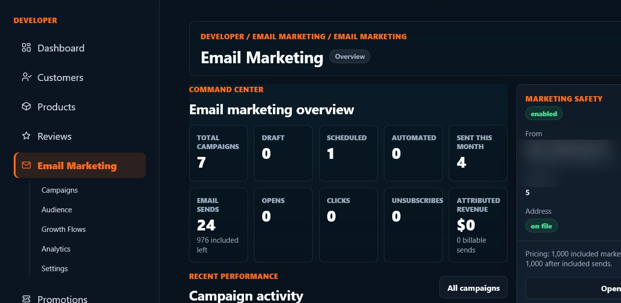 Live Moonwave FX email marketing workspace showing campaign, audience, and marketing controls.