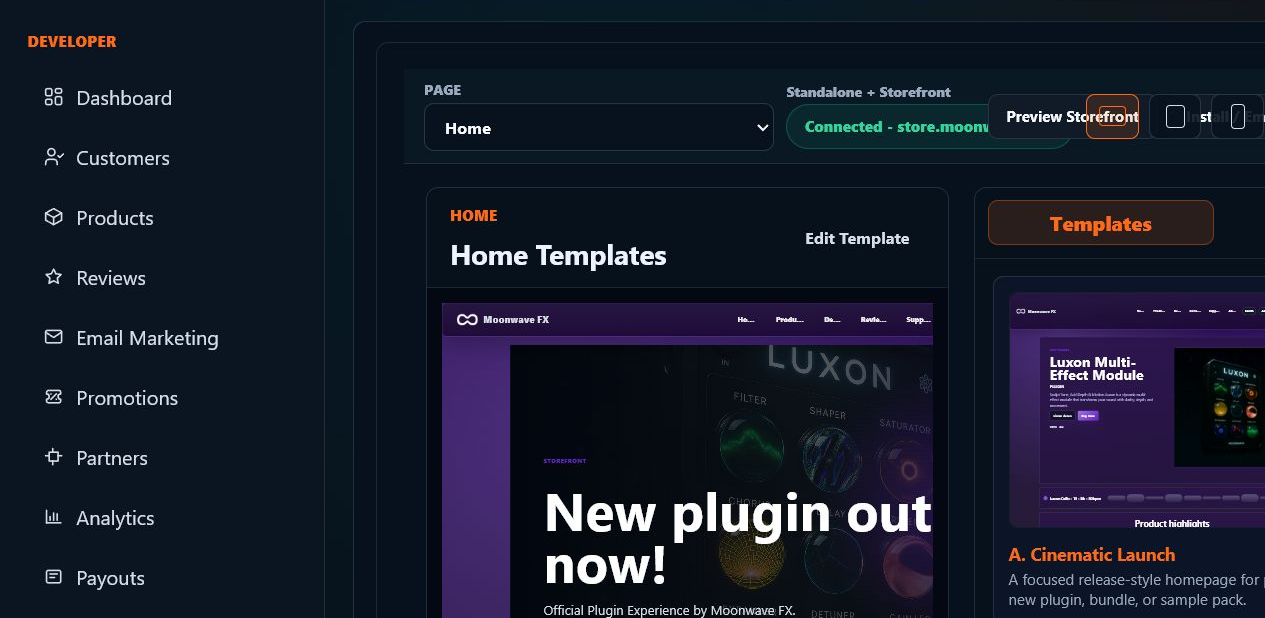 Live Moonwave FX Website Builder showing the editor, connected storefront, templates, and branded storefront output.