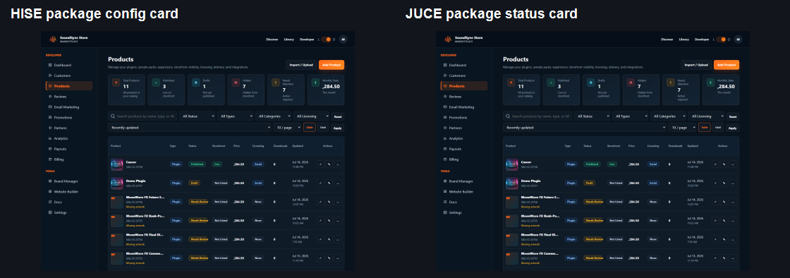 Dark-theme SoundSync developer dashboard contact sheet showing HISE package configuration and JUCE package status cards with sanitized product context.