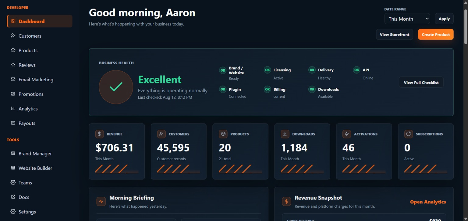 Moonwave FX developer dashboard showing launch readiness, revenue, customers, activations, products, and operational health in a dark theme.
